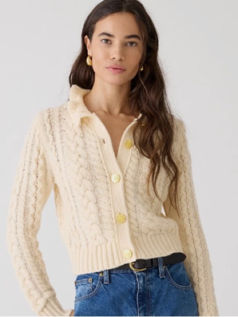 J. Crew Cable-knit Ruffleneck Cardigan Sweater with Gold Buttons in Cream